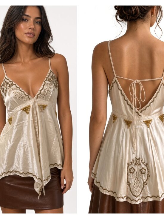 Sue Wong Tops - Sue Wong Silk Chiffon Y2K Handkerchief V Camisole Ivory Cream Gold Crochet Top 8
